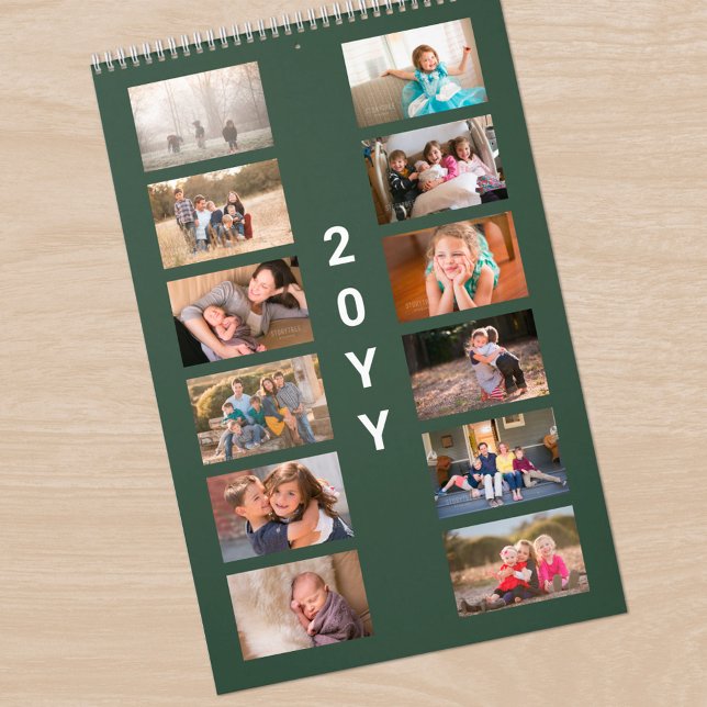 Moderne grüne Fotocollage Kalender (Modern Photo Green Cover Calendar, front cover)