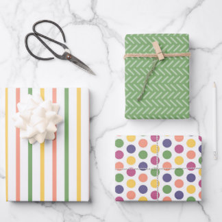 Moderne grüne, gelbe und orange Streifen und Punkt Geschenkpapier Set