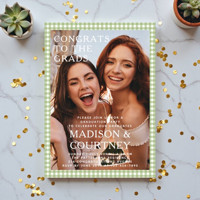 Moderne Grüne Gingham Foto Graduation Party Acryleinladungen (Von Creator hochgeladen)