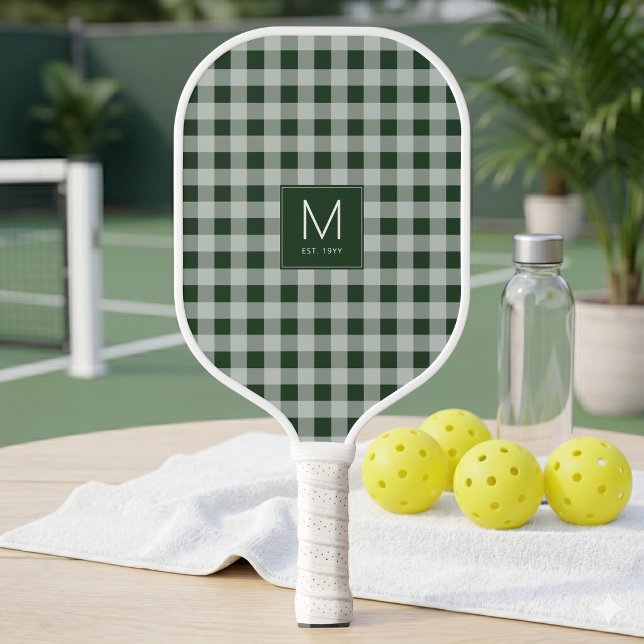 Moderne grüne Gingham-Monogramm Etabliert Est Pickleball Schläger (Modern Green Gingham Monogram Established Est Pickleball Paddle)