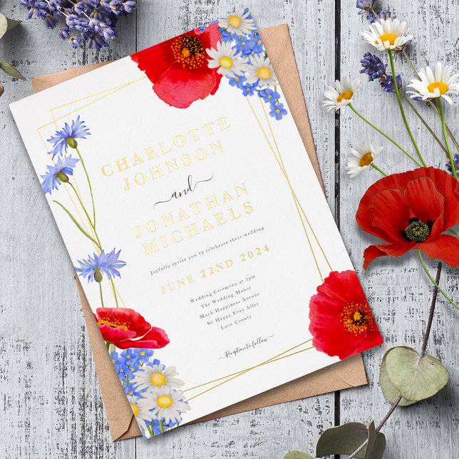 Moderne Grüne Gold Elegante Blumenhochzeit Folieneinladung (Modern wildflower gold foil geometric wedding invitation with red poppy and blue cornflower )