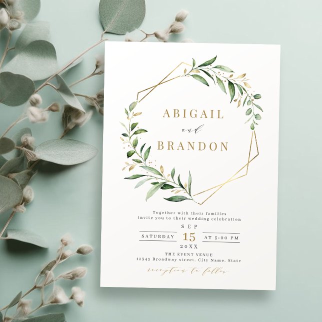 Moderne Grüne Goldene geometrische Hochzeit Einladung (Modern Greenery Gold Geometric Rustic Wedding Invitation)