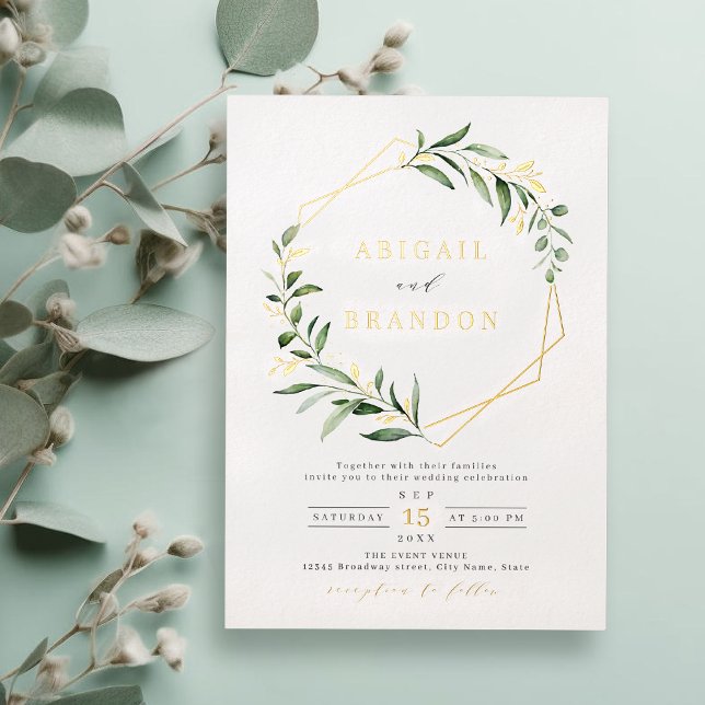 Moderne Grüne Goldene geometrische Hochzeit Folieneinladung (Modern Greenery Gold Geometric Rustic Wedding Foil Invitation)