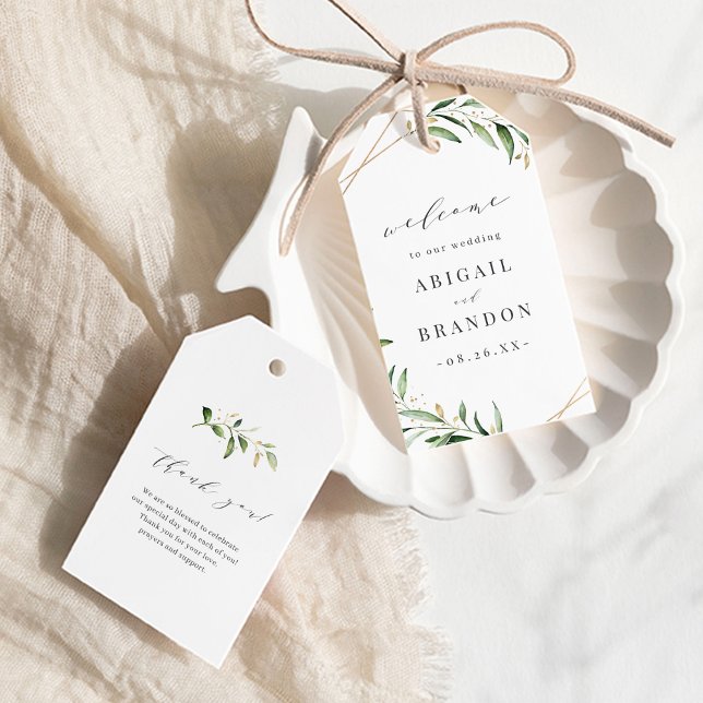 Moderne Grüne Goldene geometrische Hochzeit Geschenkanhänger (Modern Greenery Gold Geometric Rustic Wedding Gift Tags)