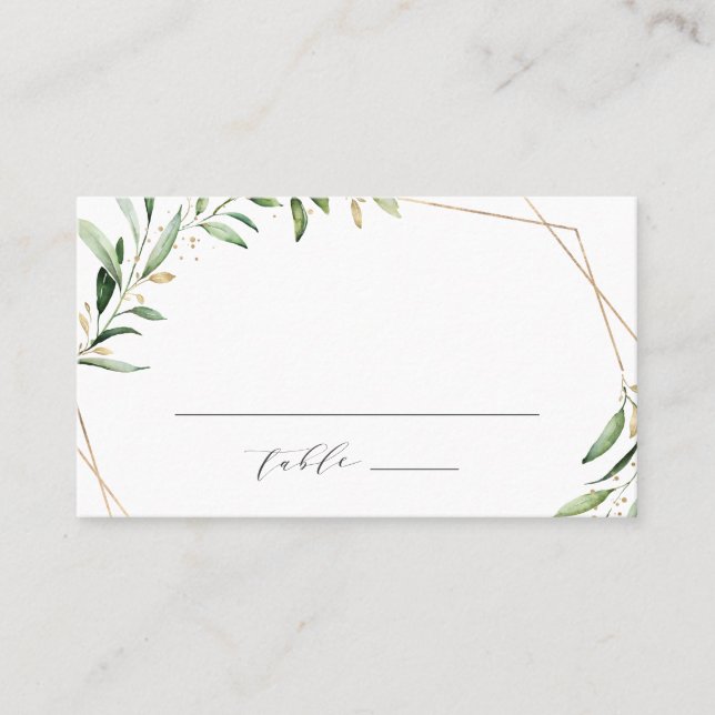 Moderne Grüne Goldene geometrische Hochzeit Platzkarte (Vorderseite)