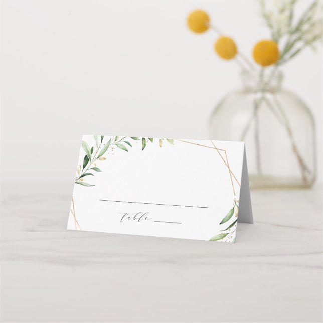 Moderne Grüne Goldene geometrische Hochzeit Platzkarte (Vorderseite)