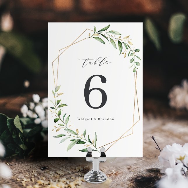 Moderne Grüne Goldene geometrische Hochzeit Tischnummer (Modern Greenery Gold Geometric Rustic Wedding Table Number)