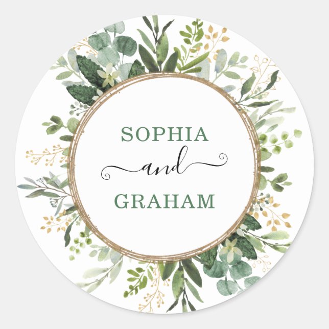 Moderne Grüne Goldgärten Hochzeit Runder Aufkleber (Vorderseite)