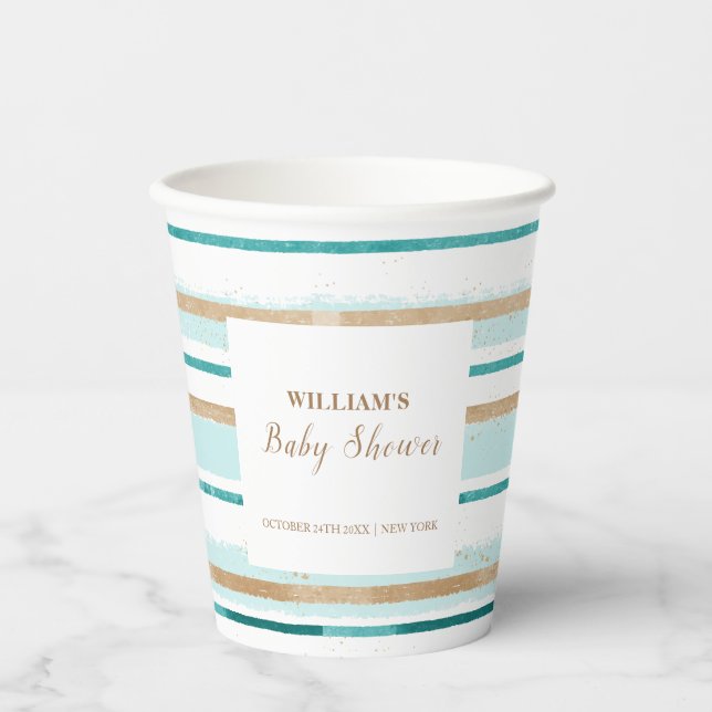 Moderne grüne Goldwasserfarbe Stripe Babydusche Pappbecher (Vorderseite)