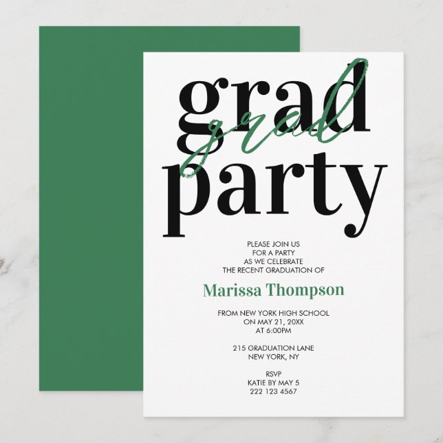 Moderne grüne Graduierungspartei für Kalligrafie Einladung (Vorne/Hinten)