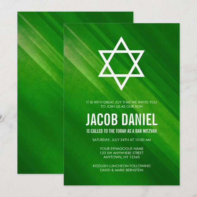 Moderne grüne Grunge Bar Mitzvah Einladungen (Vorne/Hinten)