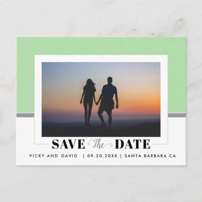Moderne, grüne Hochzeit mit Minze Save the Date Fo Postkarte (Vorderseite)