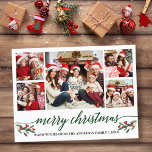 Moderne grüne Kalligrafie 5 Foto Weihnachten Postkarte<br><div class="desc">Moderne Kalligraphie Script 5 Foto Familienfoto Collage Frohe Weihnachtspostkarte enthält Watercolor Christmas Holly Berries - Grüne Schrift</div>