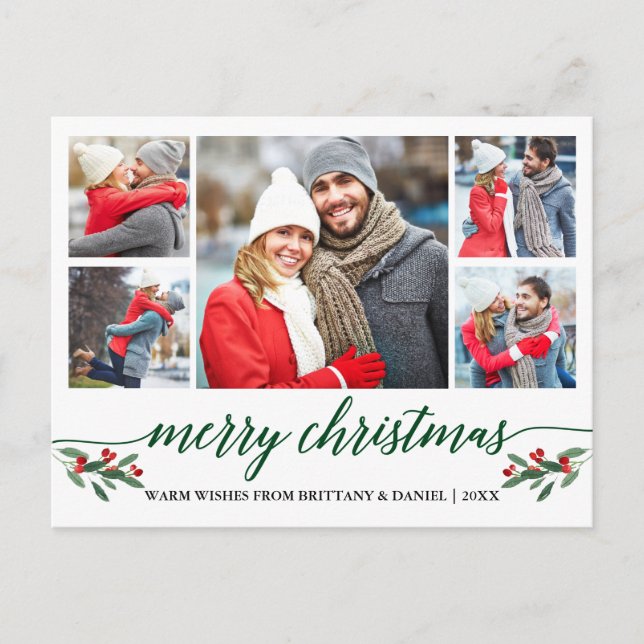 Moderne grüne Kalligraphie 5 Foto Frohe Weihnachte Postkarte (Vorderseite)