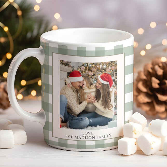 Moderne grüne Karierte Ferien Familie Foto Weihnac Kaffeetasse (Von Creator hochgeladen)