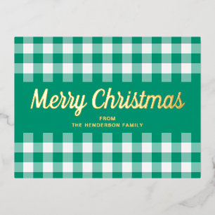 Moderne grüne karierte Frohe Weihnachten Gold Folien Feiertagspostkarte