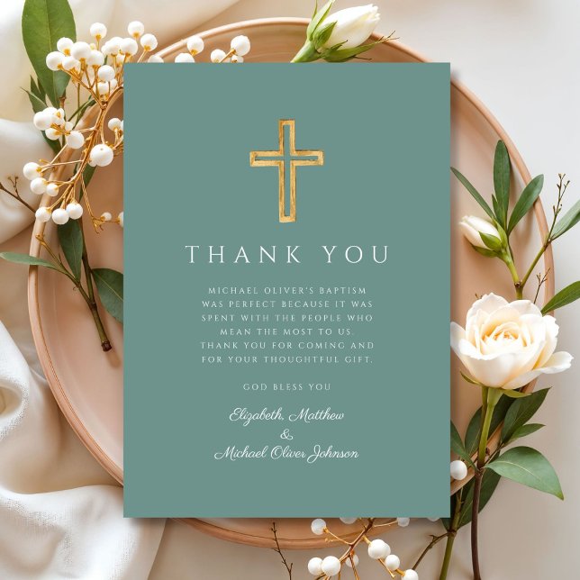 Moderne grüne Kreuztaufe Dankeskarte (Modern Green Cross Baptism Thank You Card)