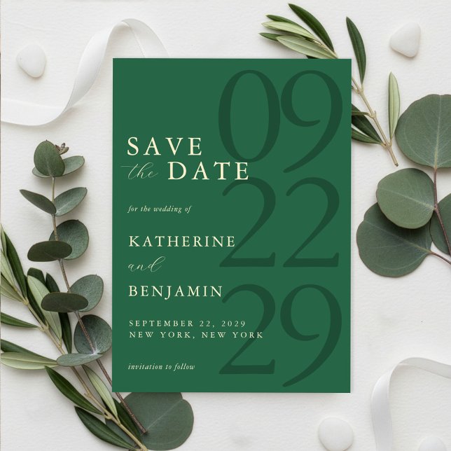 Moderne grüne minimalistische Hochzeit Save The Date (Von Creator hochgeladen)