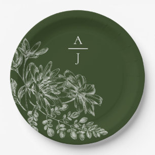 Moderne grüne Monogram-Florpapier-Platte Pappteller