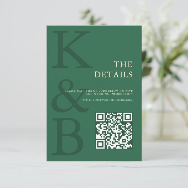 Moderne grüne monogramm-minimalistische Hochzeit Begleitkarte (Stehend Vorderseite)