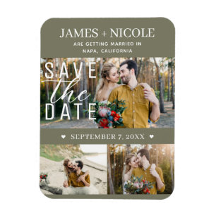 Moderne grüne Olive Save-the-Date-Hochzeit 3 Fotos Magnet