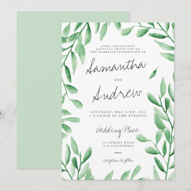 Moderne grüne Olivenbäume Hochzeit Einladung (Vorne/Hinten)