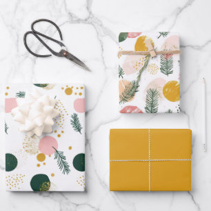 Moderne Grüne Rosa Gold Weihnachtsbaumzweige Geschenkpapier Set