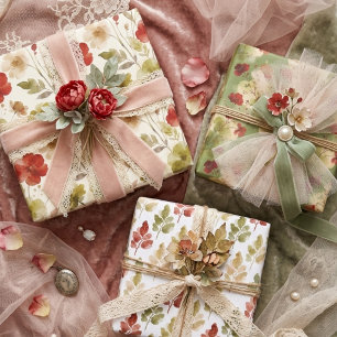 Moderne Grüne Rote Botanische Florale Wasserfarbe  Geschenkpapier Set