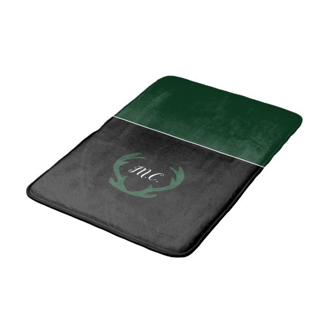 Moderne grüne schwarze Hirschgeweih-Monogramm Badematte (Schrägansicht)