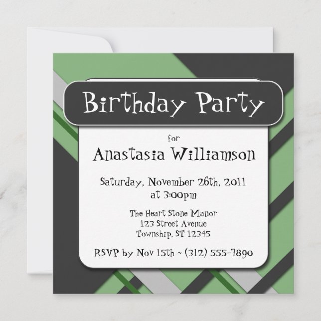 Moderne grüne Semi-Karierte Geburtstagseinladung Einladung (Vorderseite)