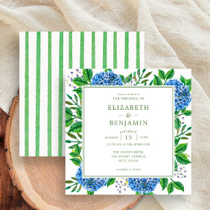 Moderne grüne Streifen Blaue Hortensien Hochzeit Einladung