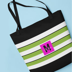 Moderne grüne Streifen-Monogramm Tasche