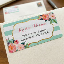 Moderne grüne Streifen Wasserfarbe Rosa Blüte Adressaufkleber