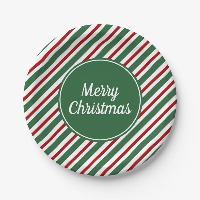 Moderne grüne Streifen Weihnachten Pappteller (Vorderseite)