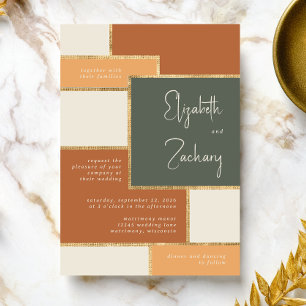 Moderne grüne Terrakotta-Pfirsich-Cream-Gold-Hochz Einladung