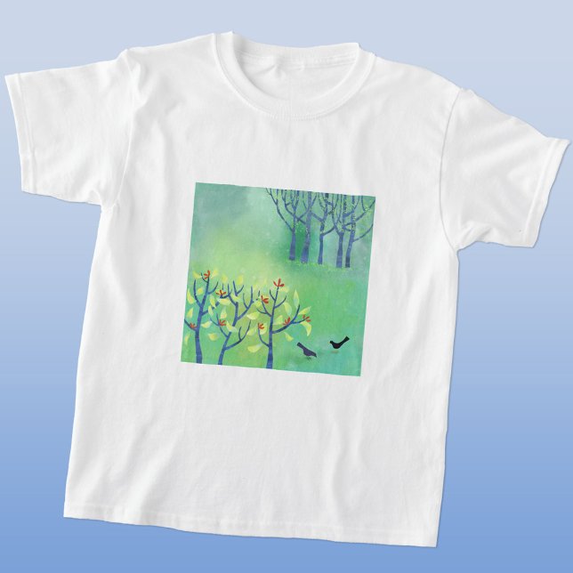 Moderne grüne Vögel in der Waldlandmalerei T-Shirt (Green landscape art t-shirt)
