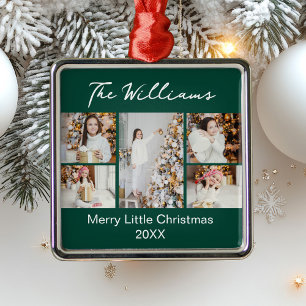 Moderne grüne Weihnachtsfamilien-Fotocollage 2025 Ornament Aus Metall