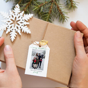 Moderne grüne Weihnachtsgrüße in Kalligrafie Foto Geschenkanhänger