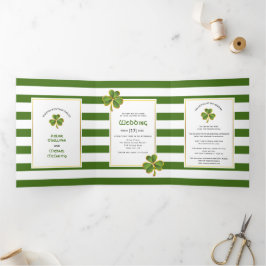 Moderne grüne, weiße Streifen Irish Klee Hochzeit Dreifach Gefaltete Einladung