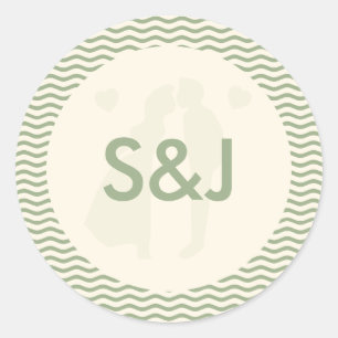 Moderne grüne Wellenstreifen-Monogramm-Hochzeit Runder Aufkleber