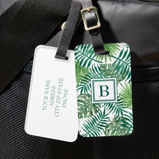 Moderne Grünpalme Verlasse Mit Monogramm Gepäckanhänger (Tropical Green Palm Leaves Monogrammed Luggage Tag)