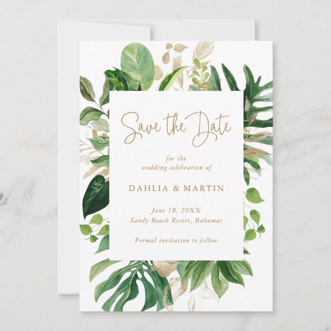 Moderne Grünpflanzen Gold Geometric Tropical Weddi Save The Date (Vorderseite)