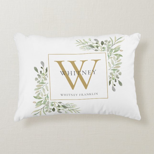 Moderne Grünpflanzen Gold Initialen Monogramm Dekokissen (Vorderseite)
