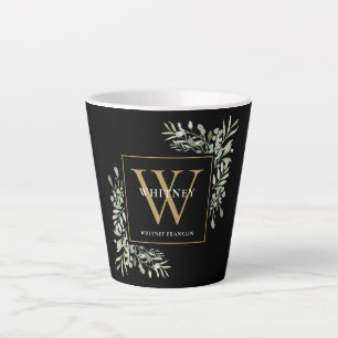 Moderne Grünpflanzen Gold-Monogramm Elegantes Schw Milchtasse