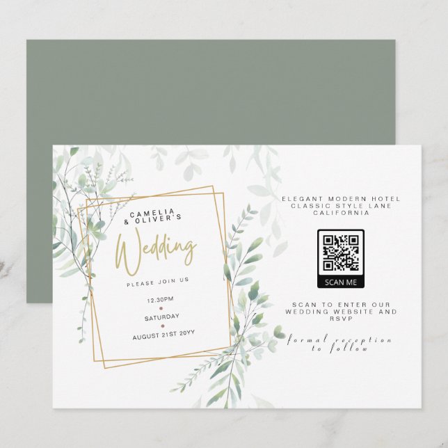 Moderne Grünpflanzen Hochzeit QR Code UAWG Invitat Einladung (Vorne/Hinten)
