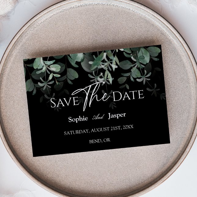 Moderne Grünpflanzen Schwarze Hochzeit Flach Save  The Date (Von Creator hochgeladen)