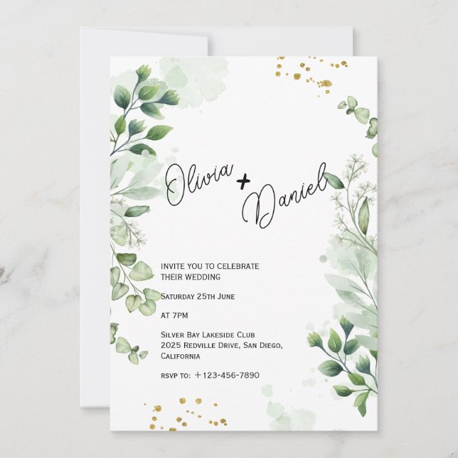 Moderne Grünpflanzen Typografie Hochzeitseinladung Einladung (Vorderseite)