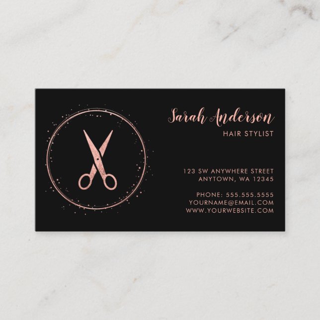 Moderne Haare Stylist Schere Rose Gold Schwarz Visitenkarte (Vorderseite)