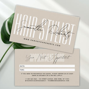 Moderne Hairstylist-Schrift-Typografie beige Terminkarte