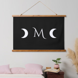 Moderne Halbmonde Schwarz-Weiß-Monogramm Wandteppich Mit Holzrahmen